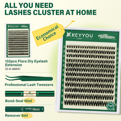 Flora Lash Clusters Kit - 132pcs D Curl Natural Extension Set with Bond, Seal, and Remover