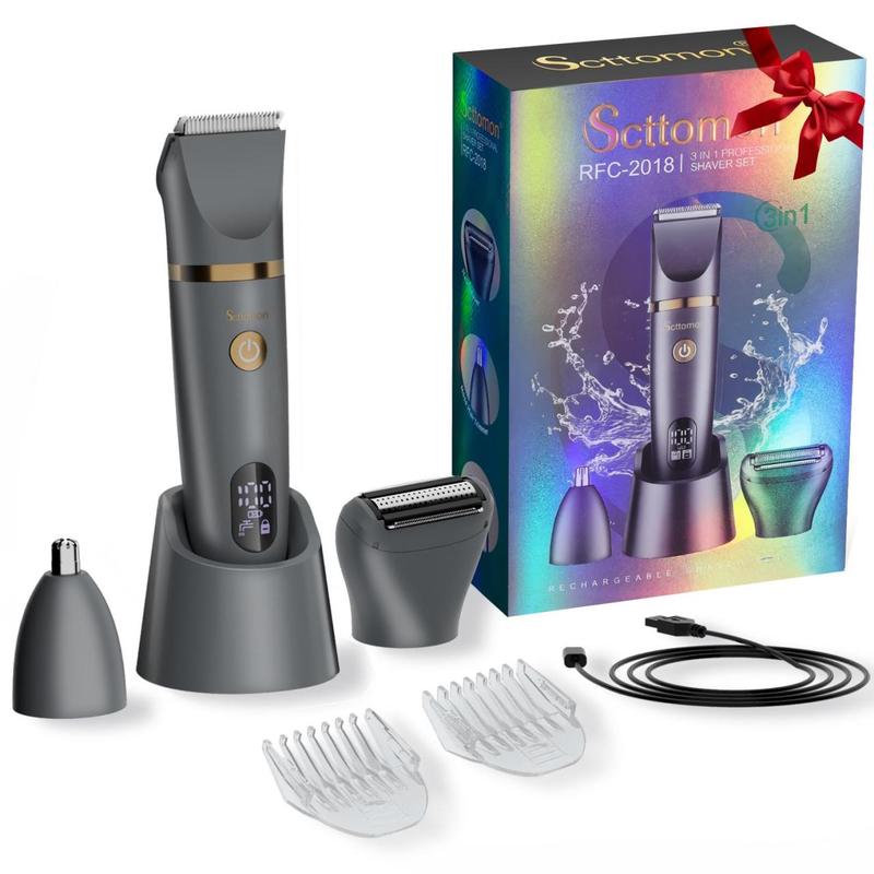 3 in 1 Electric Body Hair Trimmer and Groin Groomer for Men, Waterproof Nose Shaver