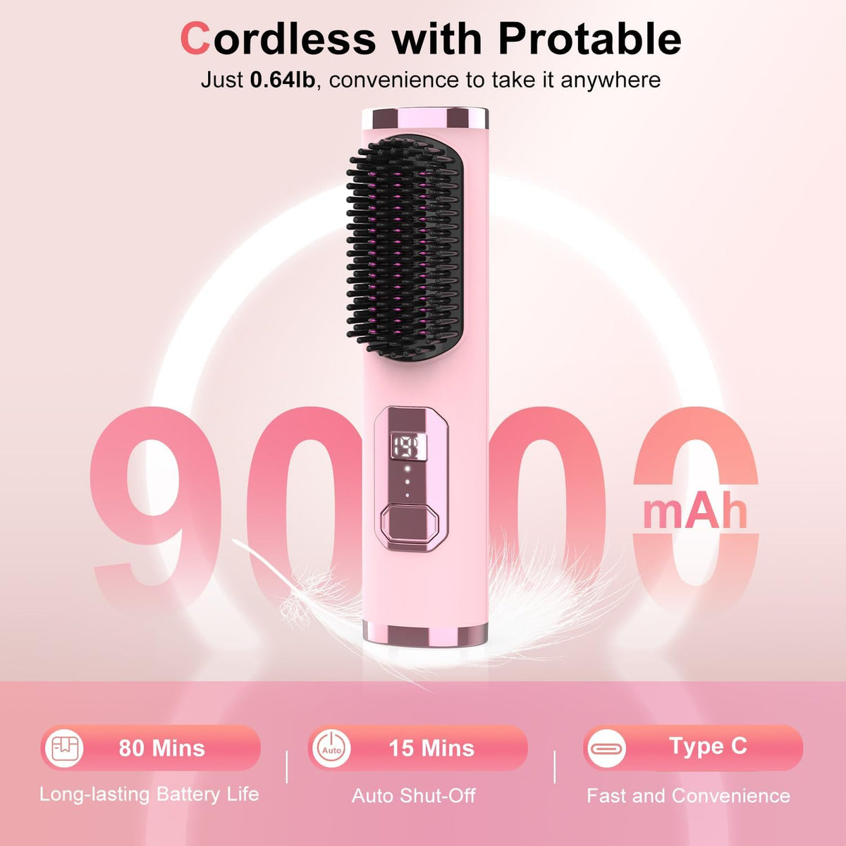 Cordless Hair Straightener Brush, Portable 500 Million Ions Smooth Straightening Comb, MCH Fast Heating