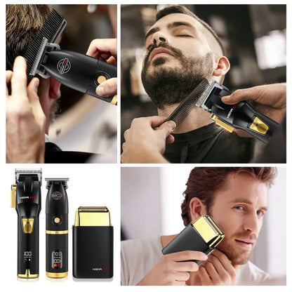 Professional 3-Piece Black and Gold Cordless Hair Clipper & Trimmer Set with LCD Display