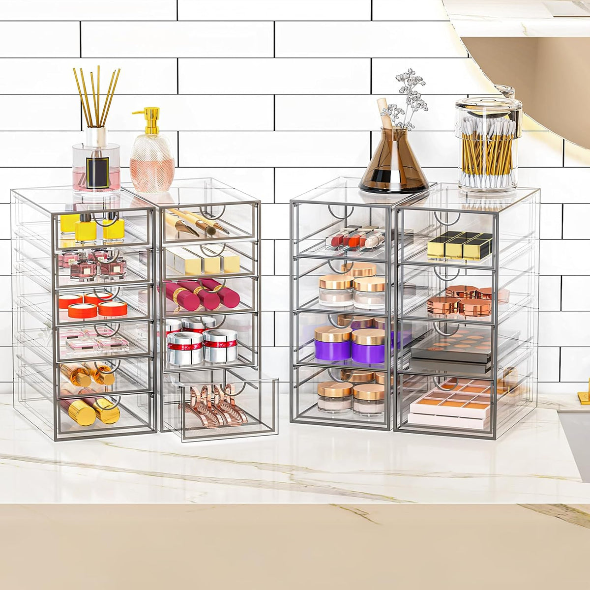 Acrylic Makeup Organizer with 19 Drawers, 4-Pack Clear Cosmetic Storage for Vanity and Bathroom