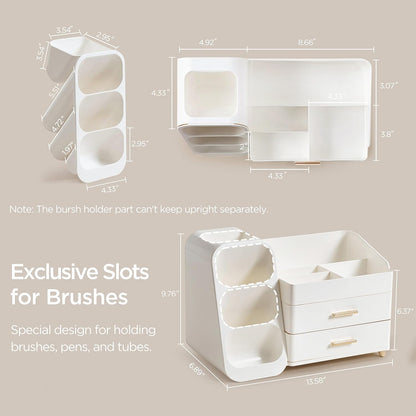 Large Makeup Organizer with Brush Holder, Plastic Vanity Storage for Skincare and Cosmetics
