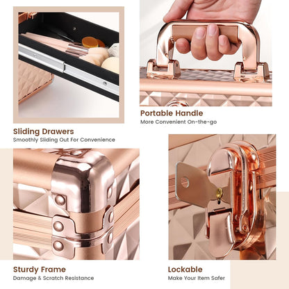 Professional Makeup Train Case with Drawer, Mirror and Sponge Dividers - Rose Gold