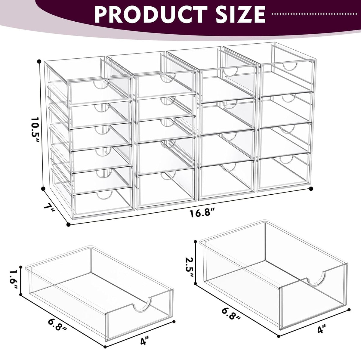 Acrylic Makeup Organizer with 19 Drawers, 4-Pack Clear Cosmetic Storage for Vanity and Bathroom