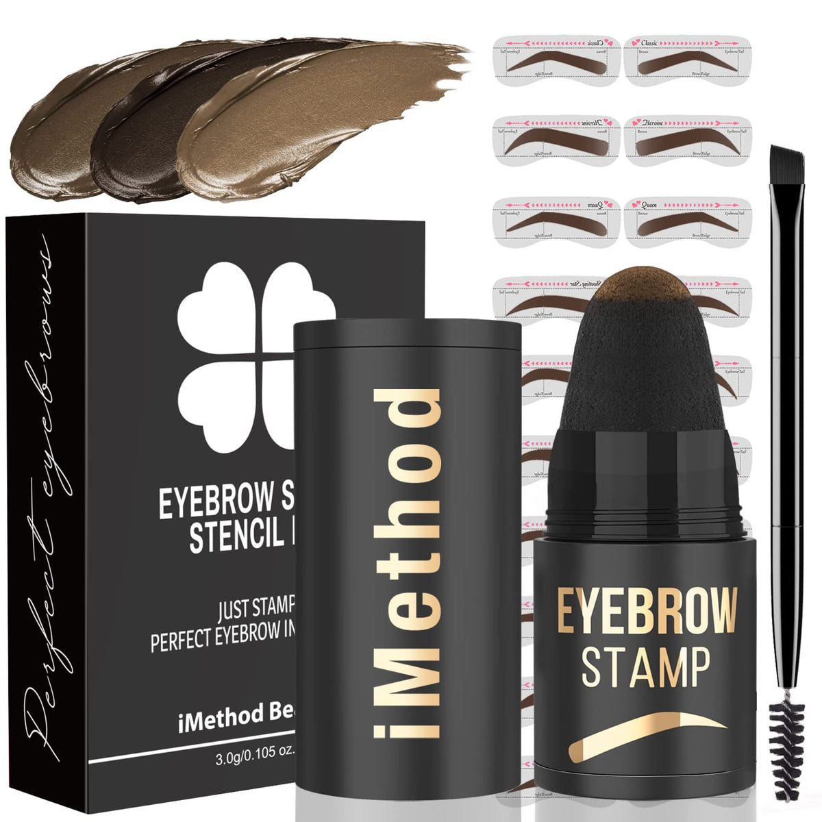 Eyebrow Stamp and Stencil Kit - Perfect Brow Makeup Pomade with 20 Shaping Stencils, Long-Lasting Brown