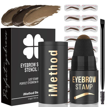 Eyebrow Stamp and Stencil Kit - Perfect Brow Makeup Pomade with 20 Shaping Stencils, Long-Lasting Brown