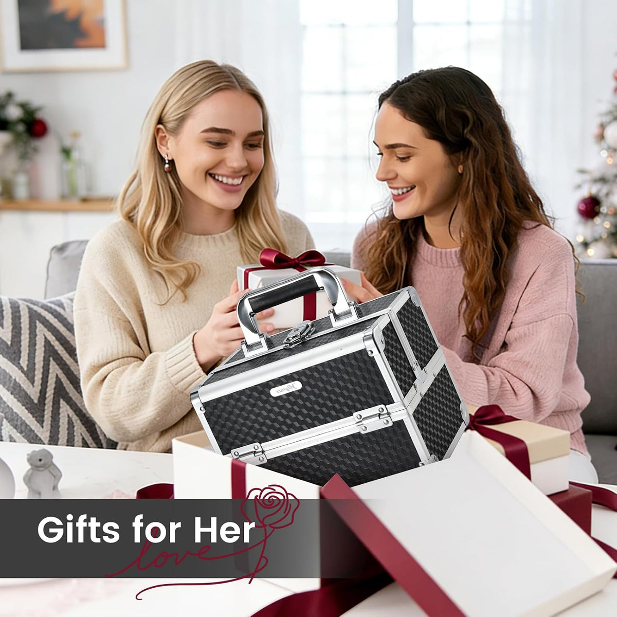 Makeup Box Cosmetic Train Case with Mirror and 2-Tier Trays - Portable Organizer