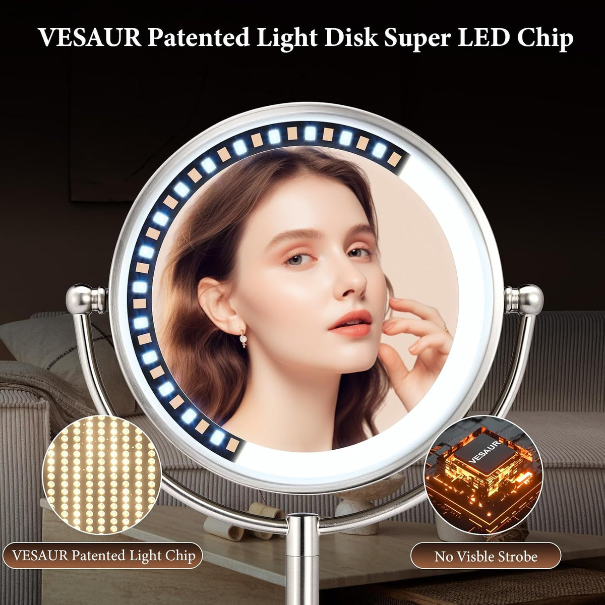 Professional 8.5" Large Lighted Makeup Mirror, 1X/10X HD Magnification, 3 Color Dimmable 90 LEDs