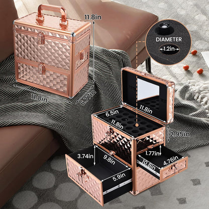 Professional Makeup Train Case with Drawer, Mirror and Sponge Dividers - Rose Gold