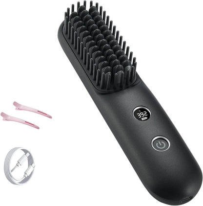 LCD Screen Cordless Hair Straightener and Curler 2 in 1, Rechargeable Negative Ionic Brush