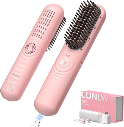 Cordless Hair Straightener Brush with Cool Air, Portable Mini Travel Styler for Thick Curly Hair