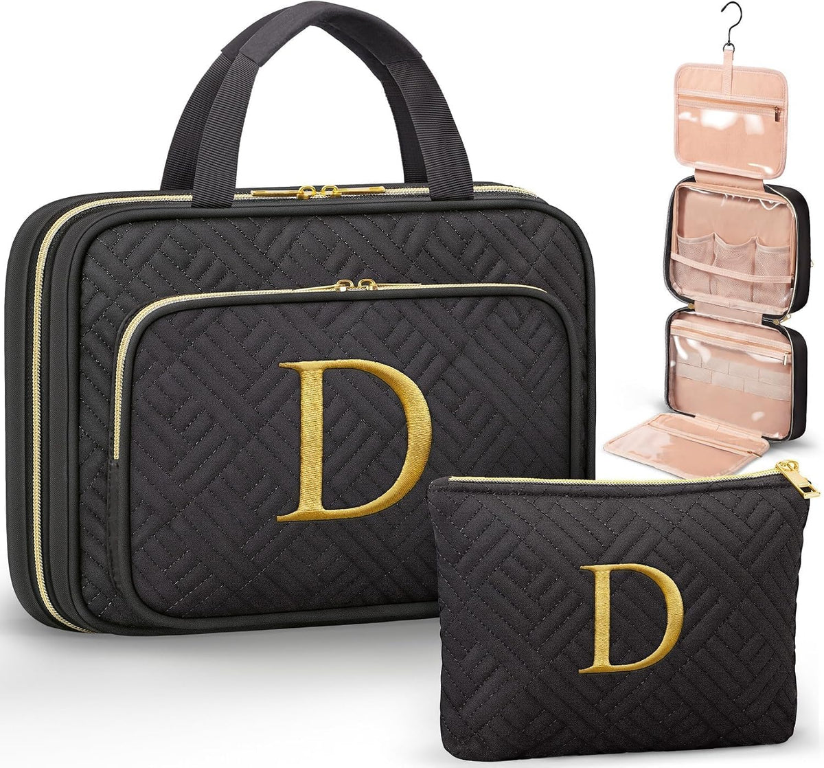 Personalized Initial Toiletry Bag Set, Hanging Travel Organizer & Makeup Cosmetic Bag with Embroidery