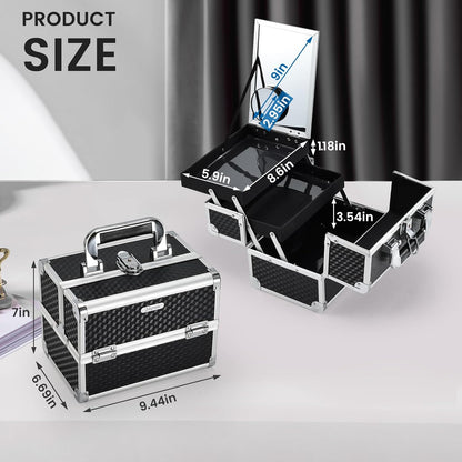 Makeup Box Cosmetic Train Case with Mirror and 2-Tier Trays - Portable Organizer