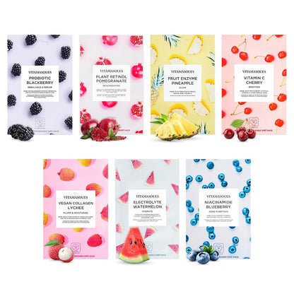 Juicy Collection Triple-Layer Sheet Facial Mask Kit - 7-Pack Korean Skincare for Purifying and Brightening