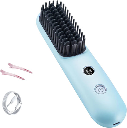LCD Screen Cordless Hair Straightener and Curler 2 in 1, Rechargeable Negative Ionic Brush