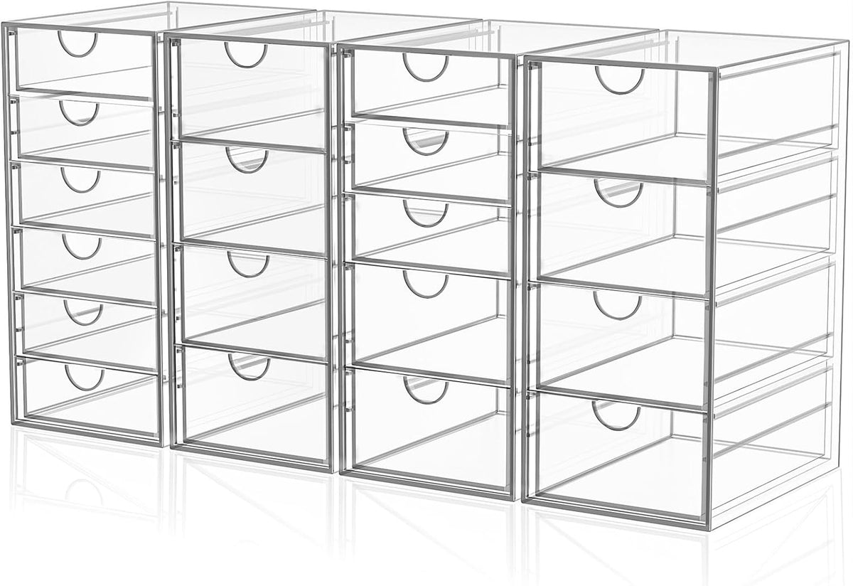 Acrylic Makeup Organizer with 19 Drawers, 4-Pack Clear Cosmetic Storage for Vanity and Bathroom