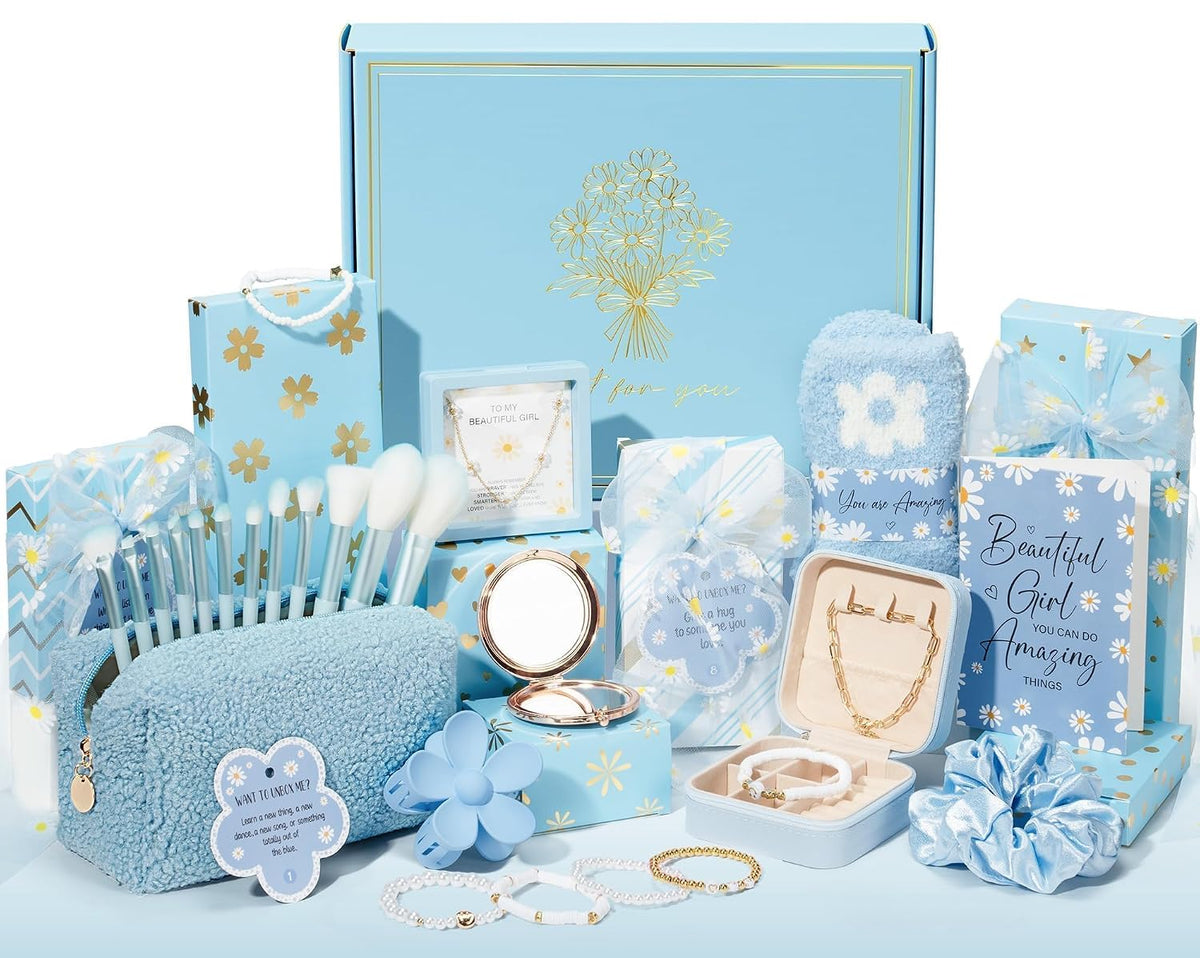 8 PCS Easter Basket Gifts for Tween & Teen Girls, Trendy Makeup Brushes & Bag Set