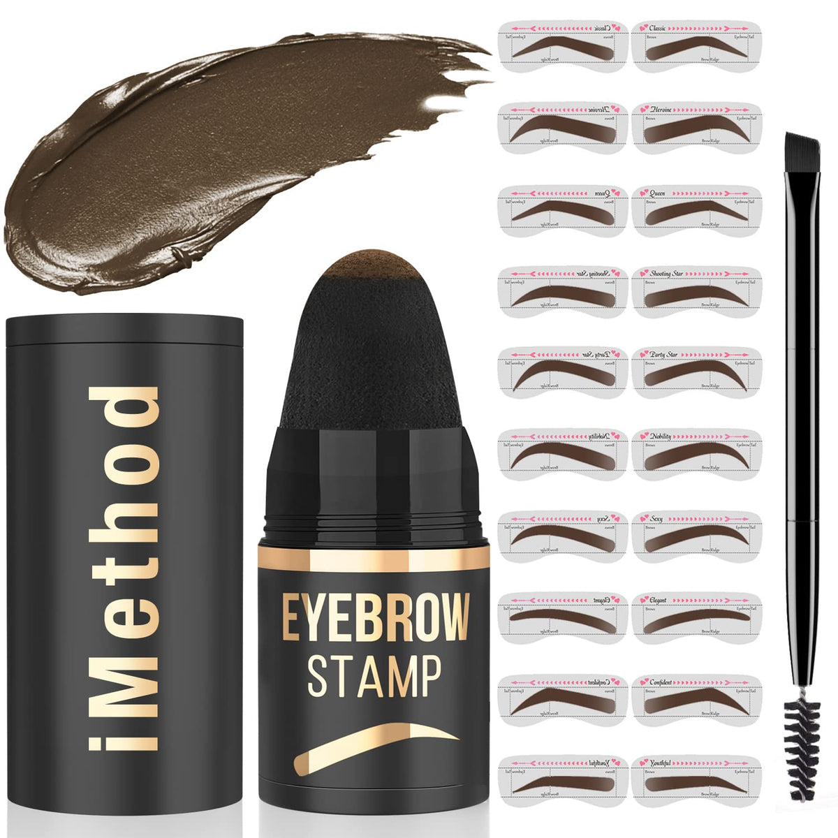 Eyebrow Stamp and Stencil Kit - Perfect Brow Makeup Pomade with 20 Shaping Stencils, Long-Lasting Brown