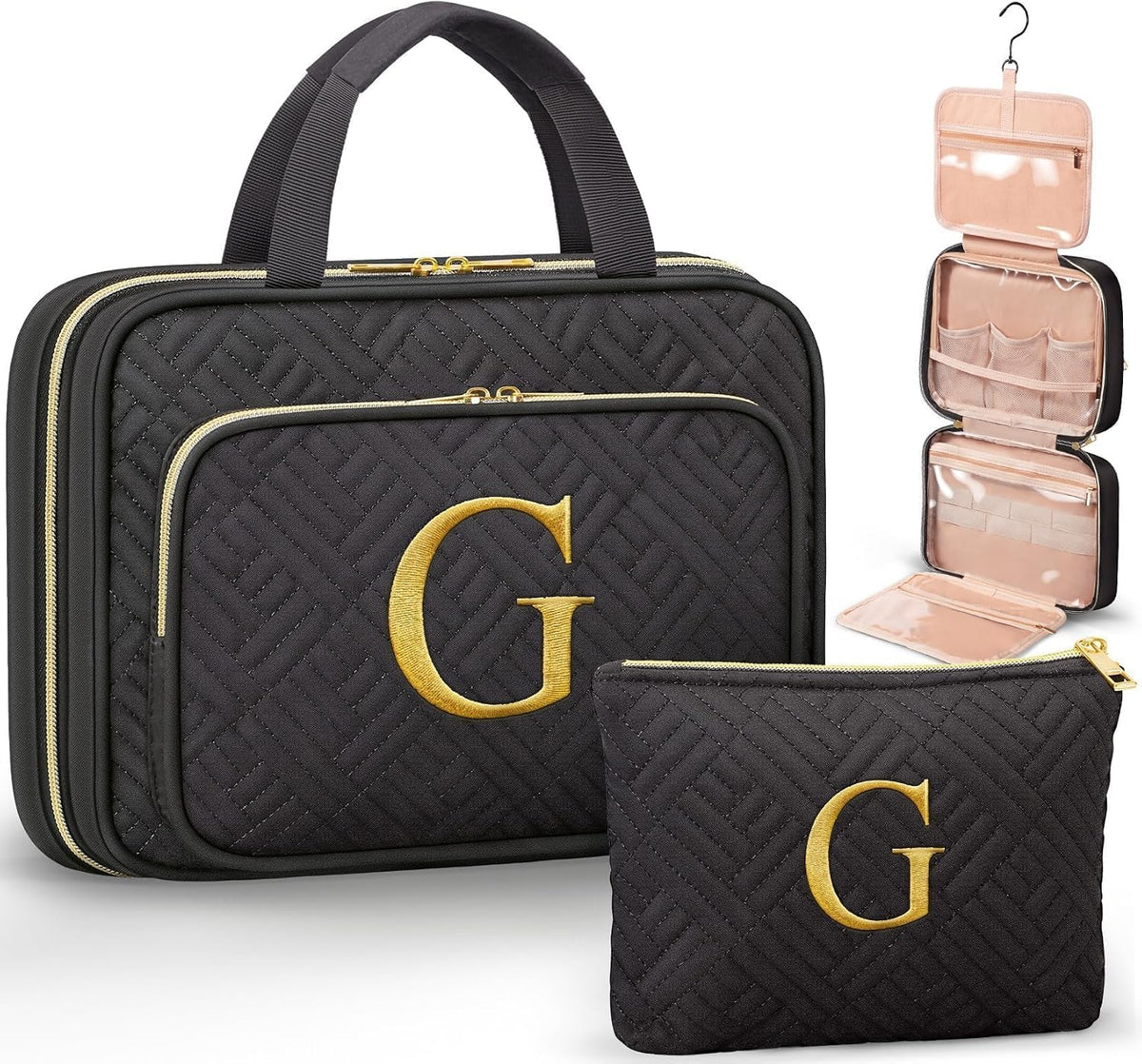 Personalized Initial Toiletry Bag Set, Hanging Travel Organizer & Makeup Cosmetic Bag with Embroidery