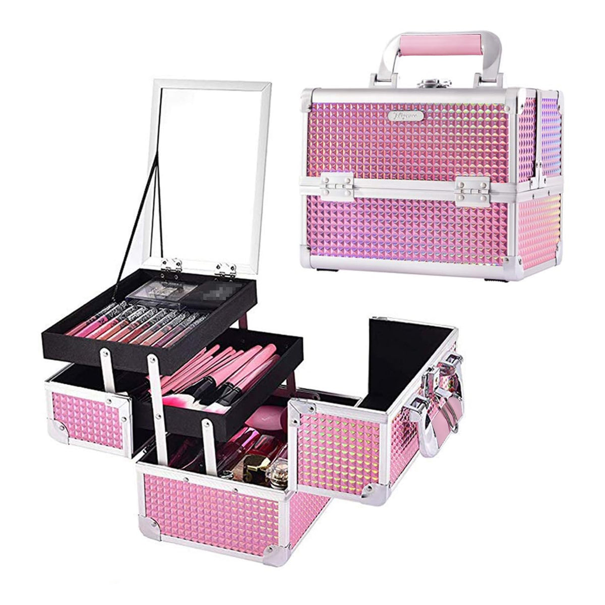 Makeup Box Cosmetic Train Case with Mirror and 2-Tier Trays - Portable Organizer
