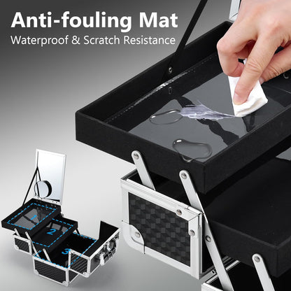Makeup Box Cosmetic Train Case with Mirror and 2-Tier Trays - Portable Organizer