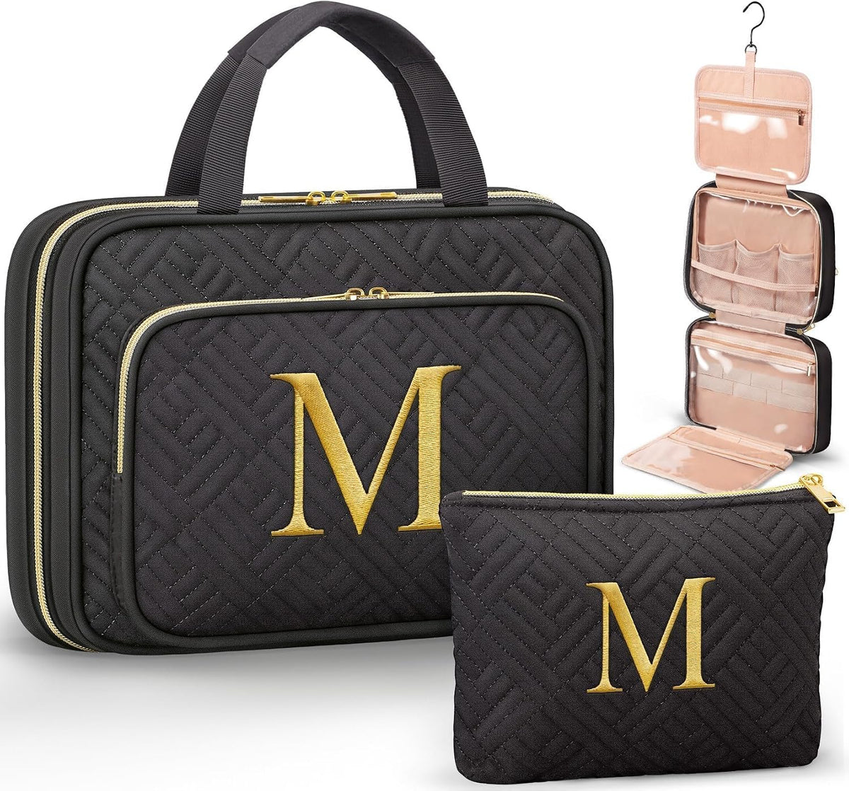 Personalized Initial Toiletry Bag Set, Hanging Travel Organizer & Makeup Cosmetic Bag with Embroidery
