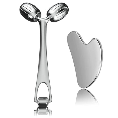 Stainless Steel Gua Sha Facial Tools and Face Roller Set for Skincare and Sculpting