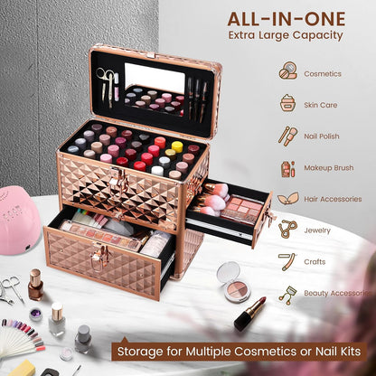 Professional Makeup Train Case with Drawer, Mirror and Sponge Dividers - Rose Gold
