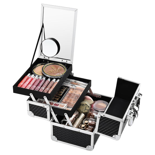 Makeup Box Cosmetic Train Case with Mirror and 2-Tier Trays - Portable Organizer