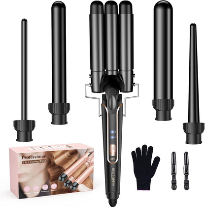 5 in 1 Curling Wand Set with 3 Barrel Hair Crimper, Ceramic Tourmaline Hair Waver for All Hair Types