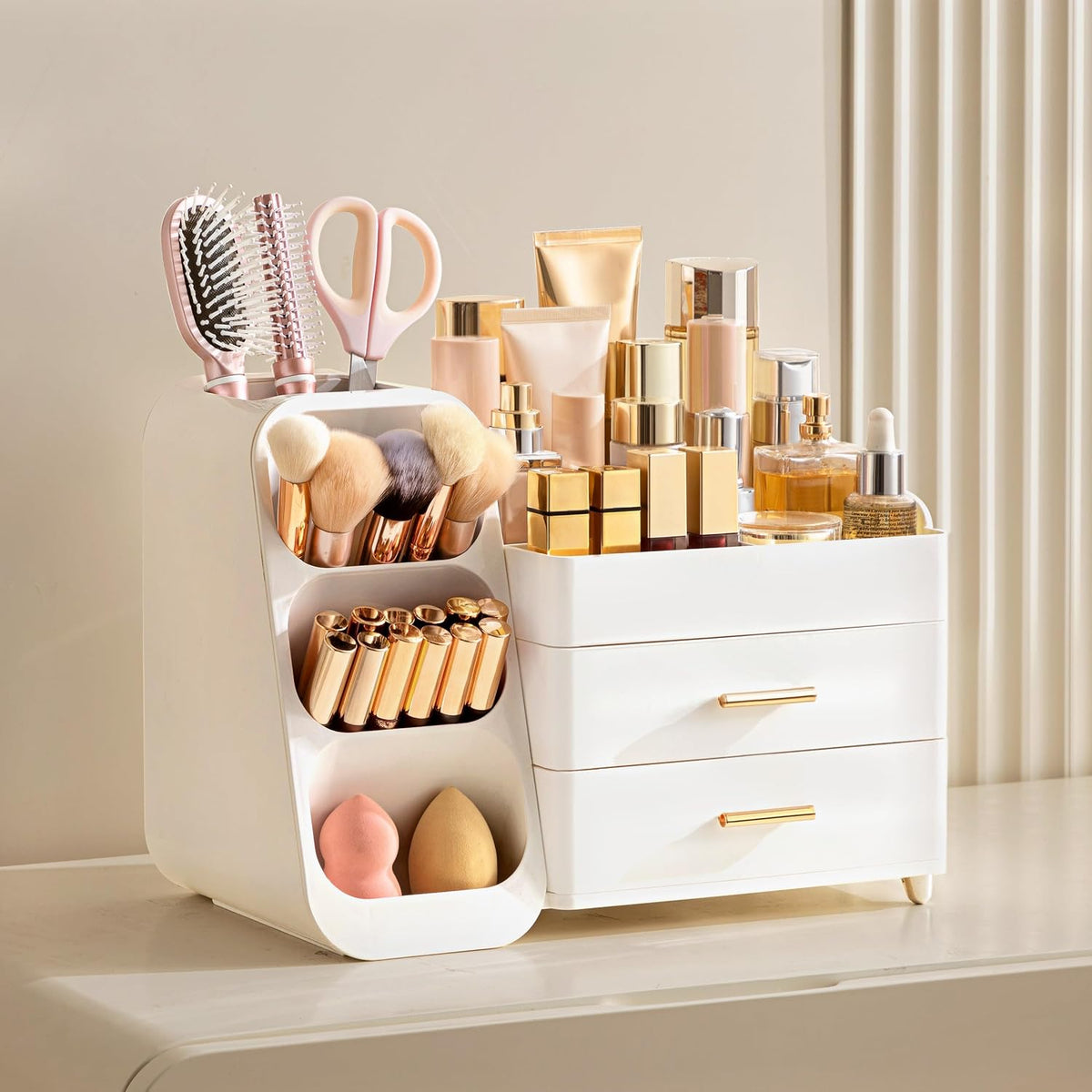 Large Makeup Organizer with Brush Holder, Plastic Vanity Storage for Skincare and Cosmetics