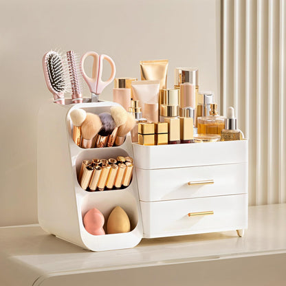 Large Makeup Organizer with Brush Holder, Plastic Vanity Storage for Skincare and Cosmetics