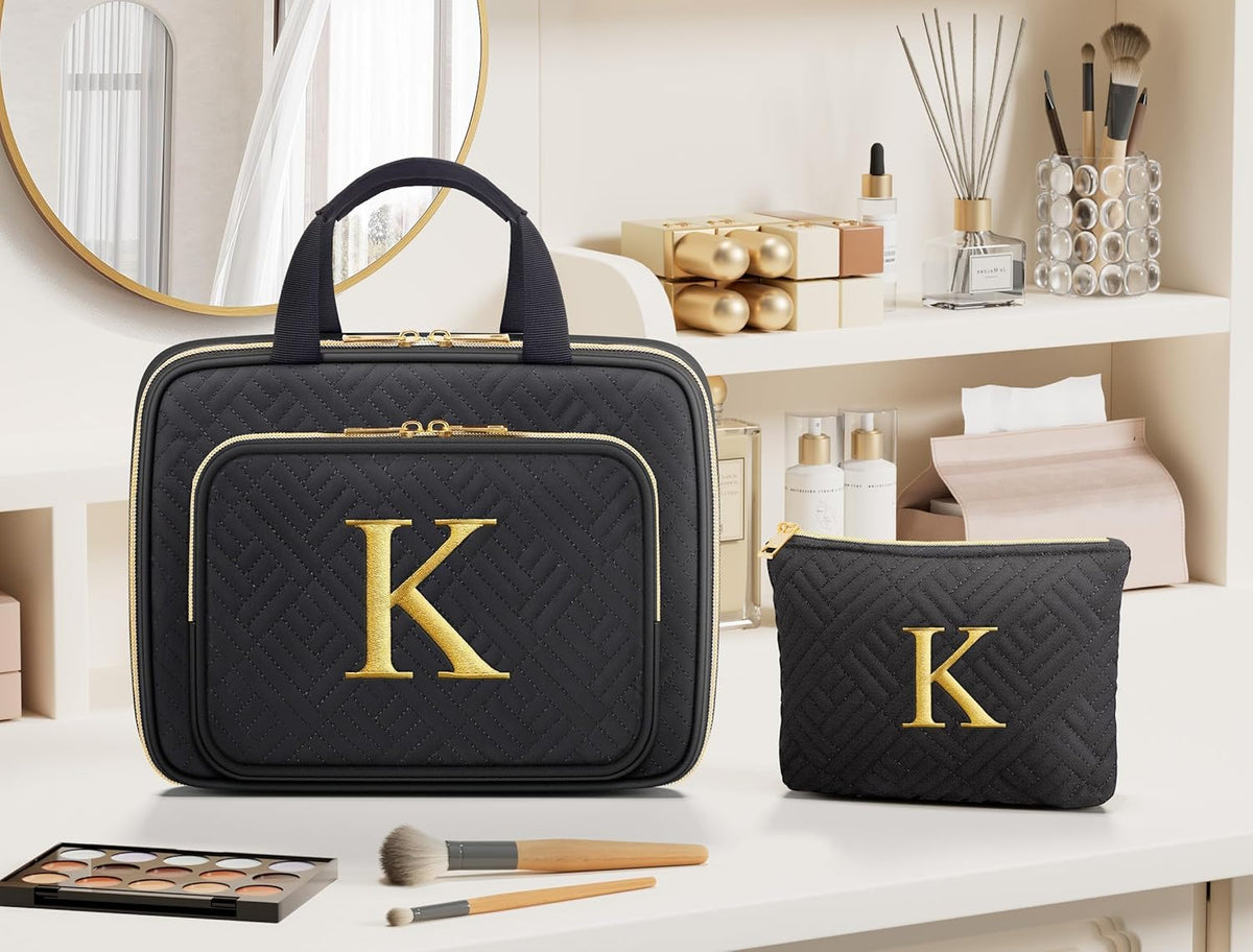 Personalized Initial Toiletry Bag Set, Hanging Travel Organizer & Makeup Cosmetic Bag with Embroidery