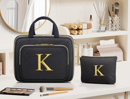 Personalized Initial Toiletry Bag Set, Hanging Travel Organizer & Makeup Cosmetic Bag with Embroidery