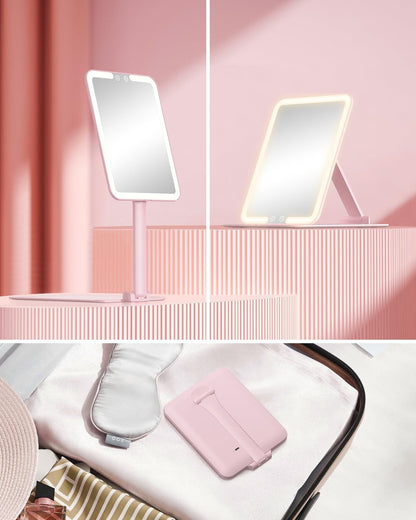 Travel Makeup Mirror with Lights and 10X Magnification, Portable Rechargeable LED Vanity Mirror - Pink