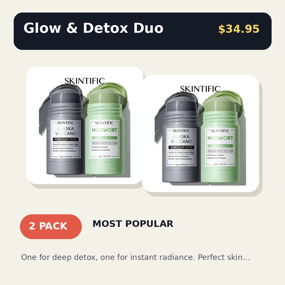 Clay Stick 2PCS Combo - Mugwort Clarifying, Volcanic Detox & Bright Boost Even Tone Deep Pore Cleansing