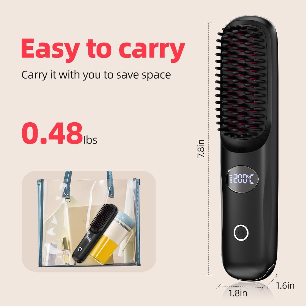 Cordless Hair Straightener Brush - Portable Mini Hot Comb with Negative Ion and LED Display