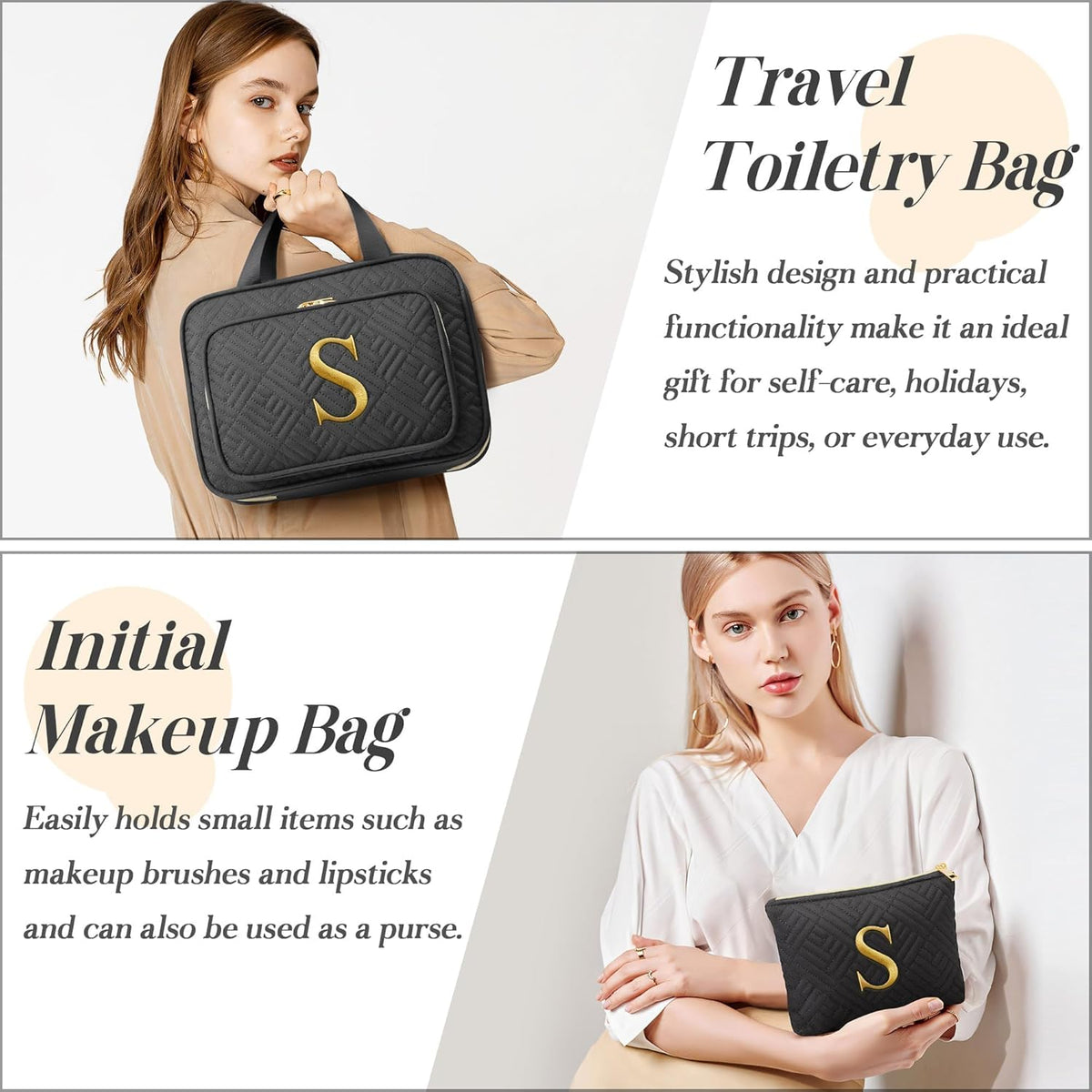 Personalized Initial Toiletry Bag Set, Hanging Travel Organizer & Makeup Cosmetic Bag with Embroidery