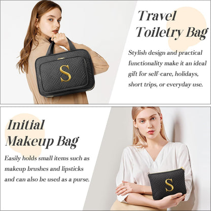 Personalized Initial Toiletry Bag Set, Hanging Travel Organizer & Makeup Cosmetic Bag with Embroidery