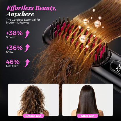 Cordless Hair Straightener Brush, Portable Mini Straightener with MCH Heating & Ionic Ceramic Care