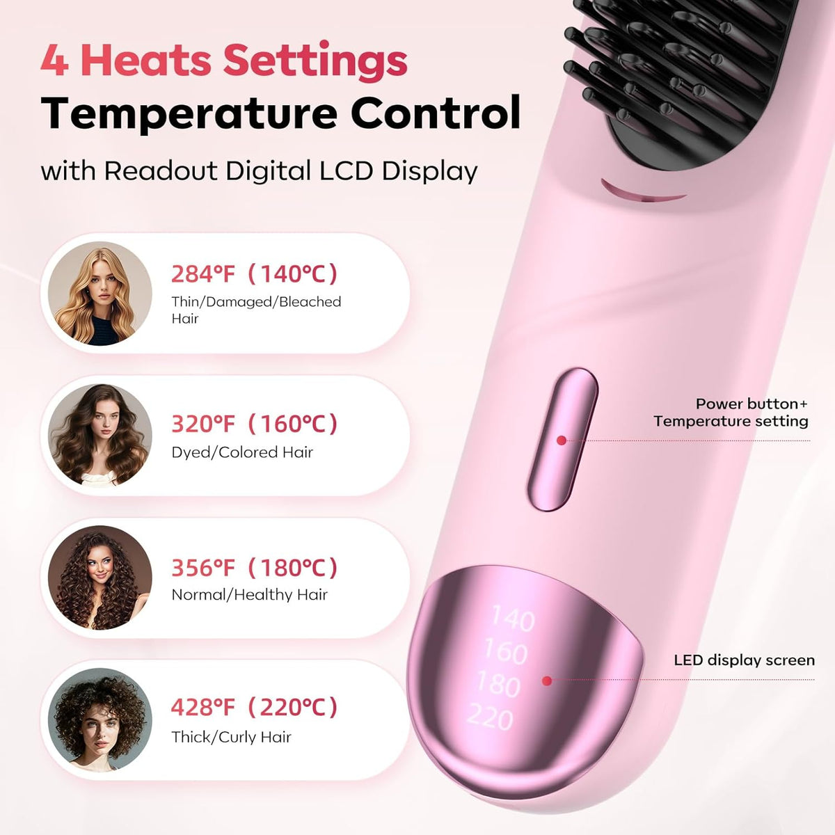 Cordless Hair Straightener Brush for Short Hair, Portable with 300M Negative Ions & 4 Heat Settings