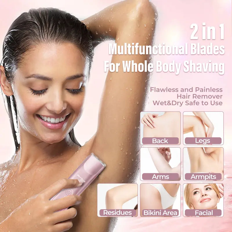 2-in-1 Electric Bikini Trimmer and Shaver for Women, IPX7 Waterproof Rechargeable Razor