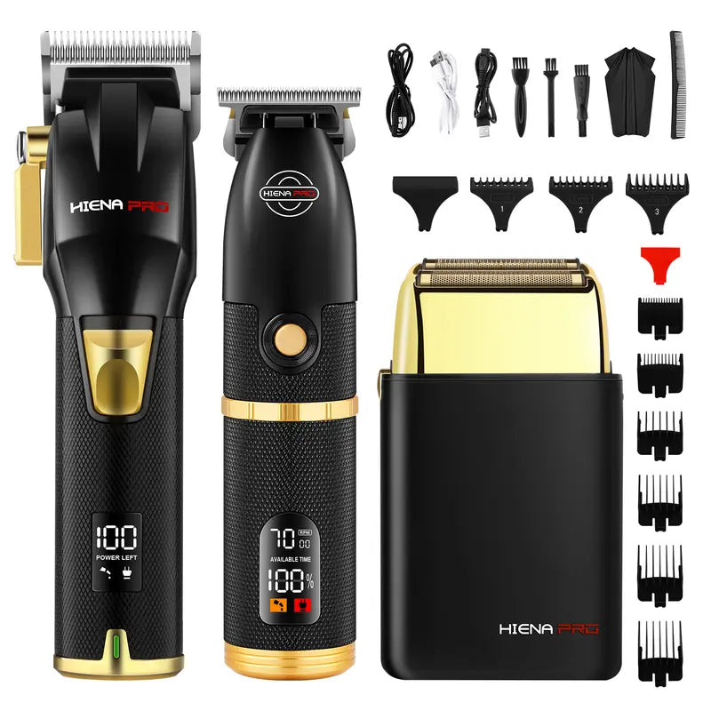 Professional 3-Piece Black and Gold Cordless Hair Clipper & Trimmer Set with LCD Display