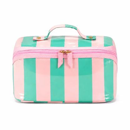 Large Capacity Striped Makeup Bag, Waterproof PVC Travel Organizer with Wide-Mouth Opening