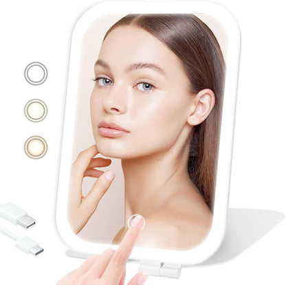 Portable Travel Makeup Mirror with 3 Adjustable Light Settings, USB-Rechargeable Vanity Mirror