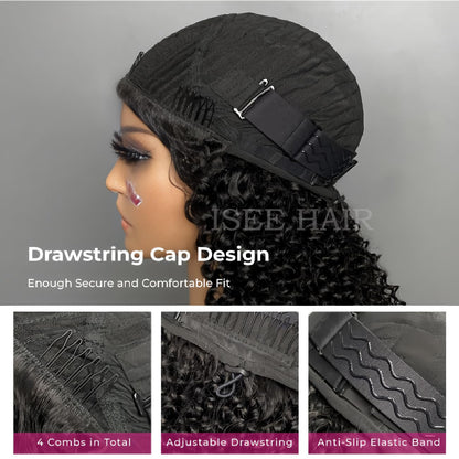 3-in-1 Half Wig Human Hair Glueless Kinky Curly Drawstring Seamless Clip-In Flip Over Wig 180% Density 18 Inch