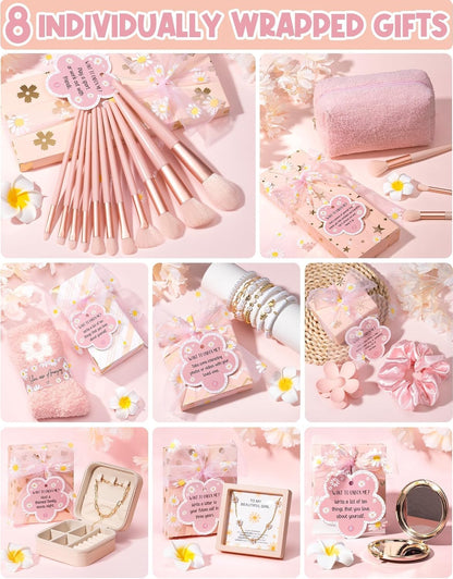 8 PCS Easter Basket Gifts for Tween & Teen Girls, Trendy Makeup Brushes & Bag Set