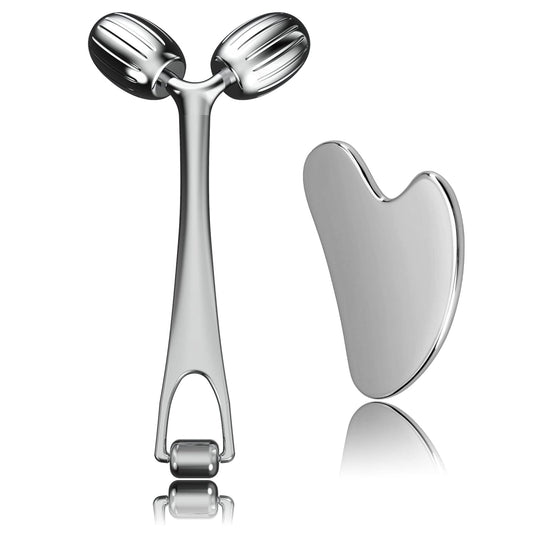 Stainless Steel Gua Sha Facial Tools and Face Roller Set for Skincare and Sculpting