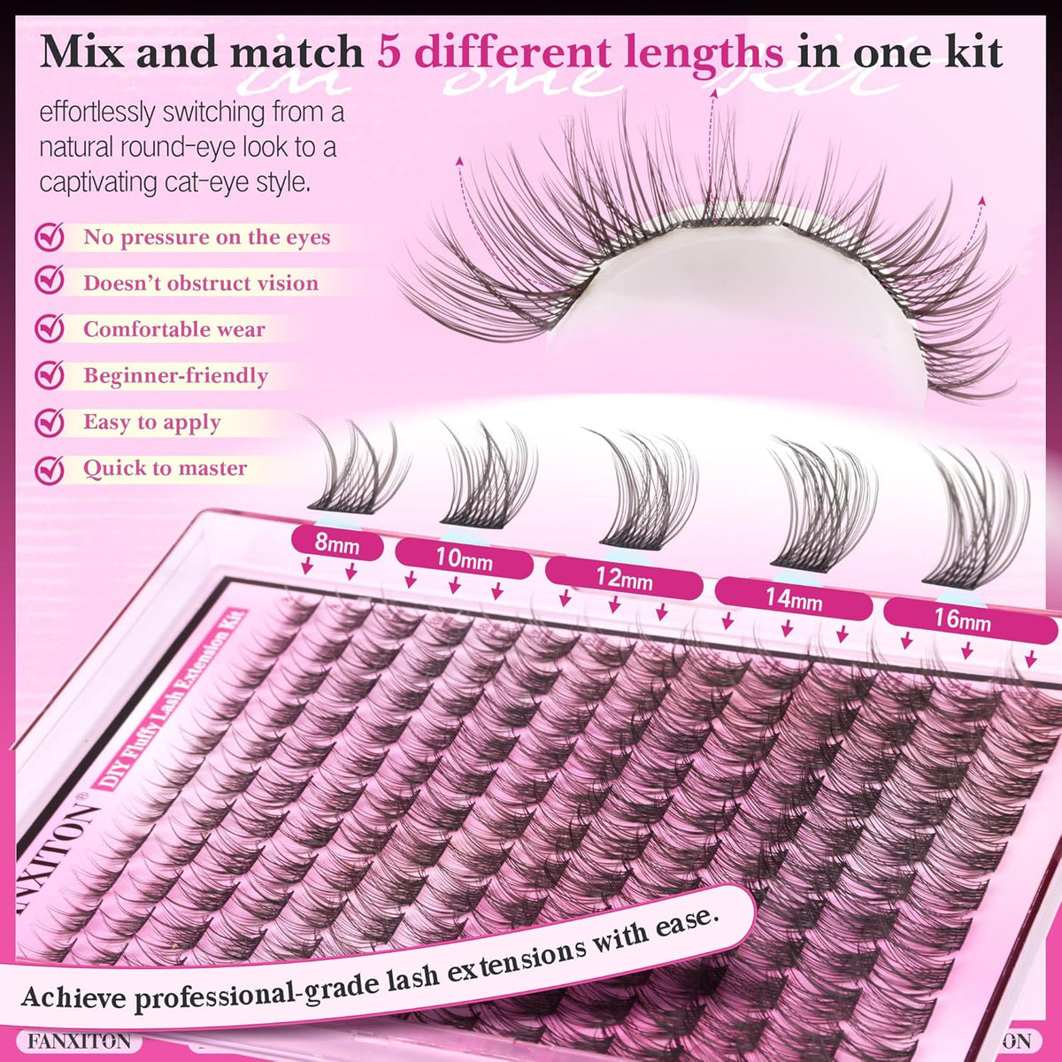 DIY Lash Extension Kit - 154 Pcs Natural Wispy Clusters, D Curl 8-16mm with Bond, Seal, and Tweezers