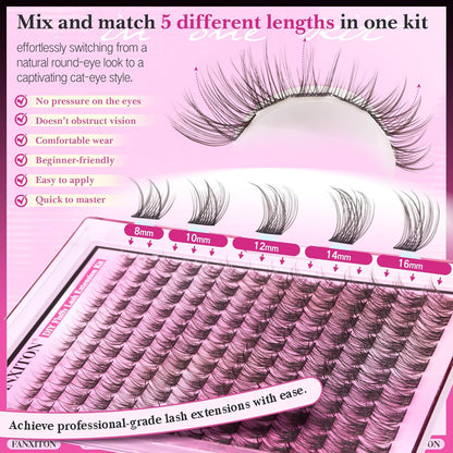 DIY Lash Extension Kit - 154 Pcs Natural Wispy Clusters, D Curl 8-16mm with Bond, Seal, and Tweezers